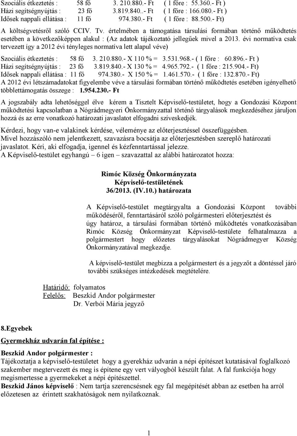 évi normatíva csak tervezett így a 2012 évi tényleges normatíva lett alapul véve) Szociális étkeztetés : 58 fő 3. 210.880.- X 110 % = 3.531.968.- ( 1 főre : 60.896.