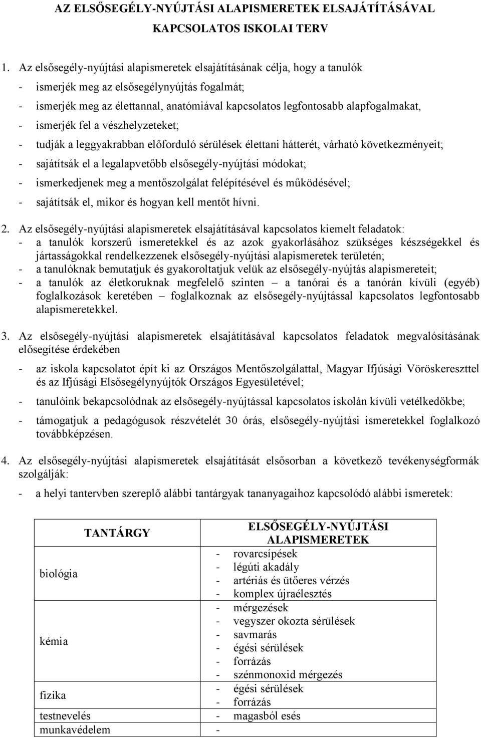 alapfogalmakat, - ismerjék fel a vészhelyzeteket; - tudják a leggyakrabban előforduló sérülések élettani hátterét, várható következményeit; - sajátítsák el a legalapvetőbb elsősegély-nyújtási