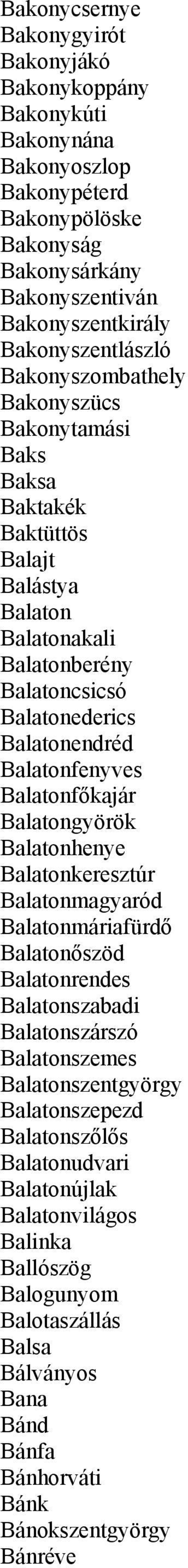 Balatonfenyves Balatonfőkajár Balatongyörök Balatonhenye Balatonkeresztúr Balatonmagyaród Balatonmáriafürdő Balatonőszöd Balatonrendes Balatonszabadi Balatonszárszó Balatonszemes