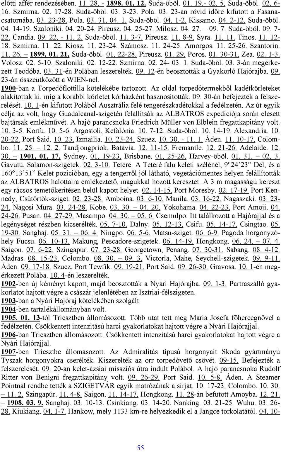 Pireusz. 11. 8-9. Syra. 11. 11. Tinos. 11. 12-18. Szmirna. 11. 22. Kiosz. 11. 23-24. Számosz. 11. 24-25. Amorgos. 11. 25-26. Szantorin. 11. 26. 1899. 01. 21. Suda-öböl. 01. 22-28. Pireusz. 01. 29.