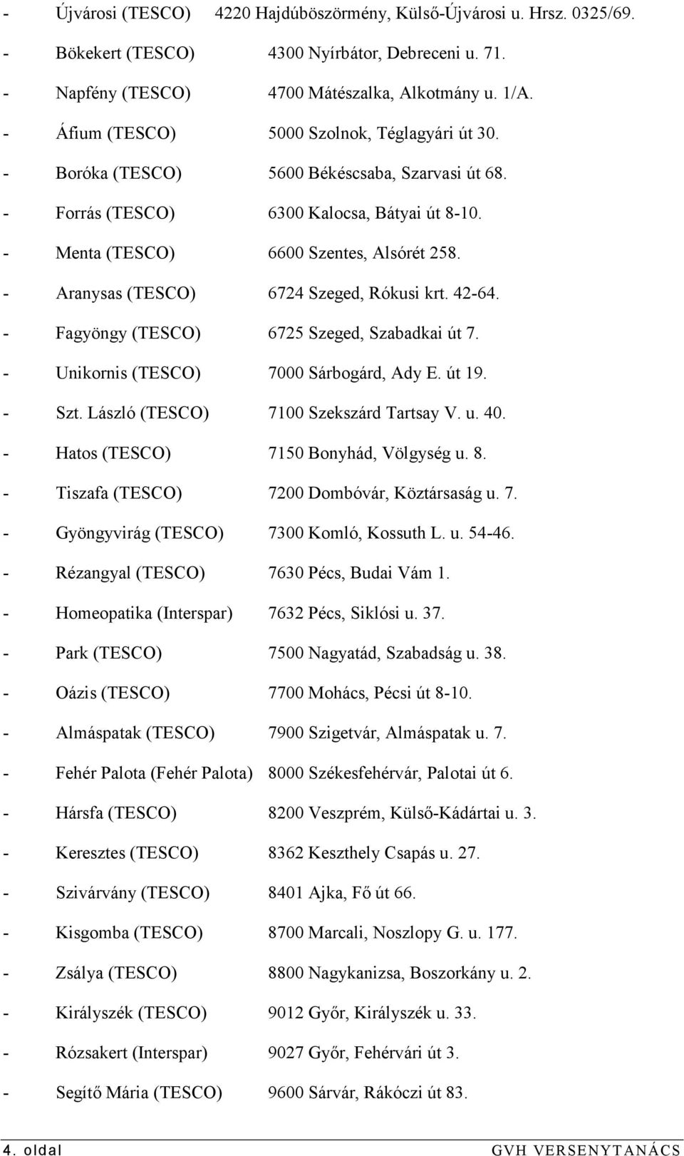 - Aranysas (TESCO) 6724 Szeged, Rókusi krt. 42-64. - Fagyöngy (TESCO) 6725 Szeged, Szabadkai út 7. - Unikornis (TESCO) 7000 Sárbogárd, Ady E. út 19. - Szt. László (TESCO) 7100 Szekszárd Tartsay V. u.
