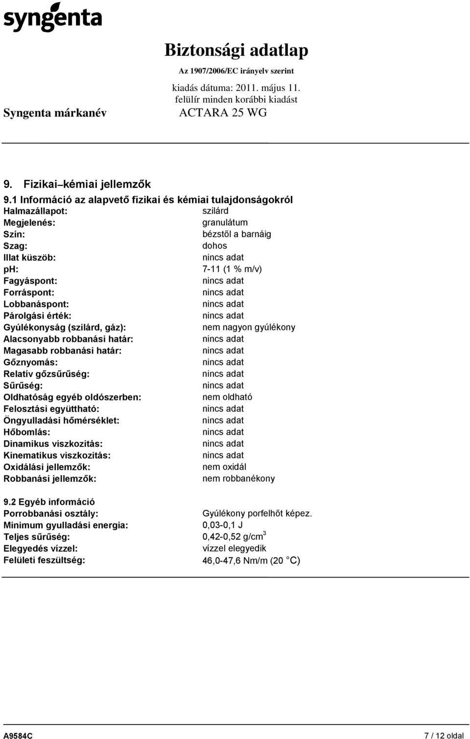 Lobbanáspont: Párolgási érték: Gyúlékonyság (szilárd, gáz): nem nagyon gyúlékony Alacsonyabb robbanási határ: Magasabb robbanási határ: Gőznyomás: Relatív gőzsűrűség: Sűrűség: Oldhatóság egyéb