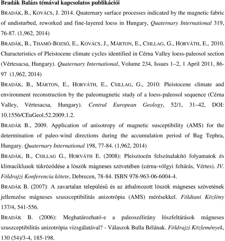 , KOVÁCS, J., MÁRTON, E., CSILLAG, G., HORVÁTH, E., 2010. Characteristics of Pleistocene climate cycles identified in Cérna Valley loess-paleosol section (Vértesacsa, Hungary).