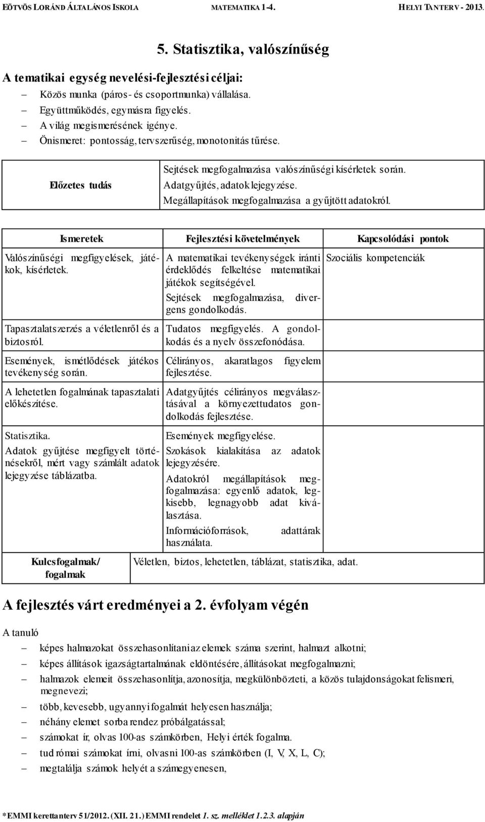 Megállapítások megfogalmazása a gyűjtött adatokról. Ismeretek Fejlesztési követelmények Kapcsolódási pontok Valószínűségi megfigyelések, játékok, kísérletek.