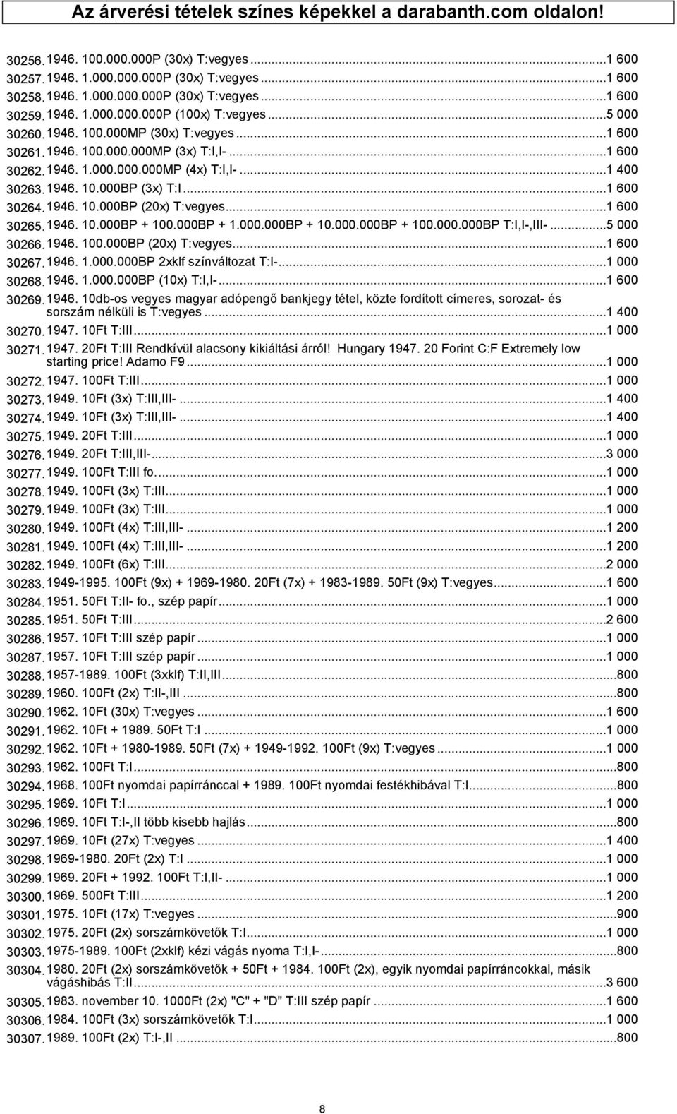 ..1 600 30264.1946. 10.000BP (20x) T:vegyes...1 600 30265.1946. 10.000BP + 100.000BP + 1.000.000BP + 10.000.000BP + 100.000.000BP T:I,I-,III-...5 000 30266.1946. 100.000BP (20x) T:vegyes...1 600 30267.