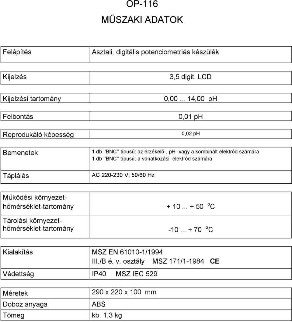 .. 14,00 ph 0,01 ph 0,02 ph 1 db BNC típusú: az érzékelő-, ph- vagy a kombinált elektród