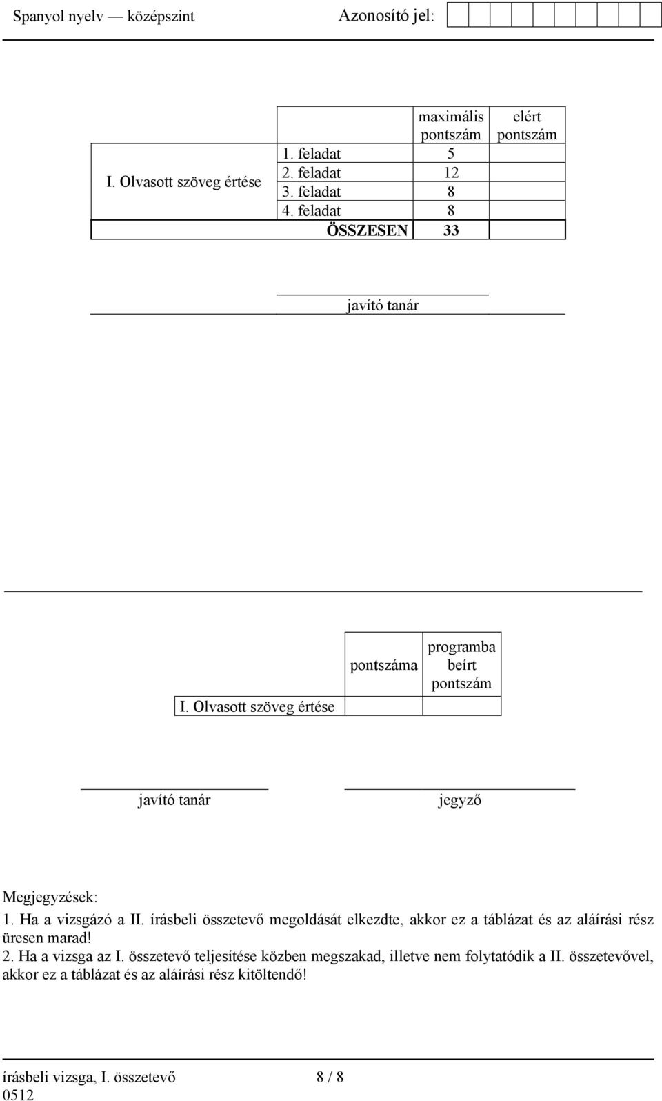 Olvasott szöveg értése pontszáma programba beírt pontszám javító tanár jegyző Megjegyzések: 1. Ha a vizsgázó a II.