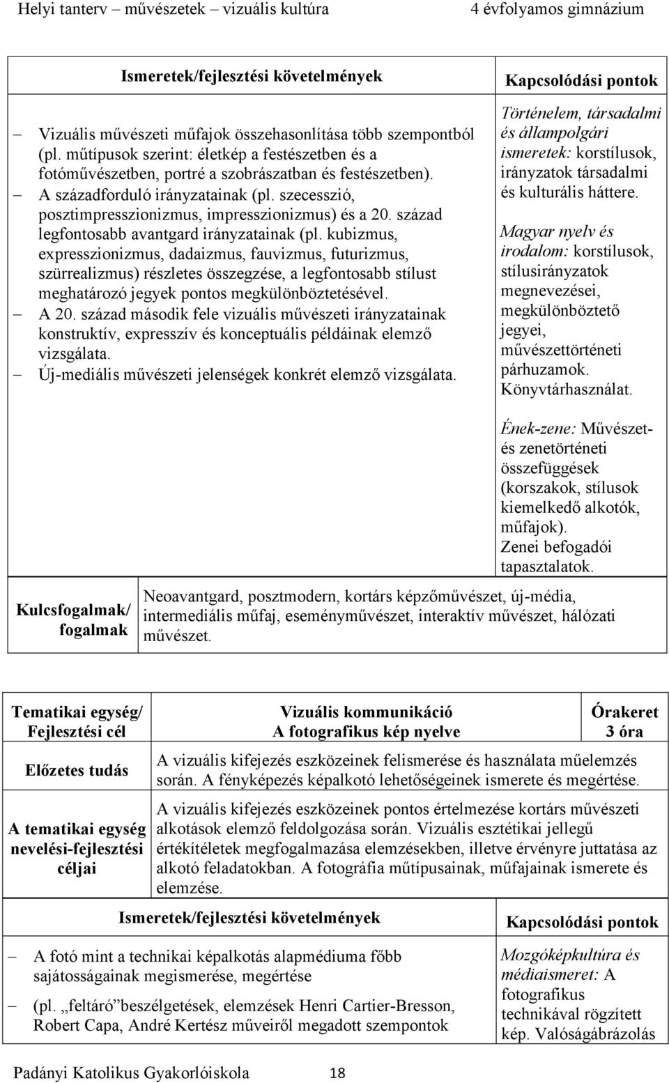 kubizmus, expresszionizmus, dadaizmus, fauvizmus, futurizmus, szürrealizmus) részletes összegzése, a legfontosabb stílust meghatározó jegyek pontos megkülönböztetésével. A 20.