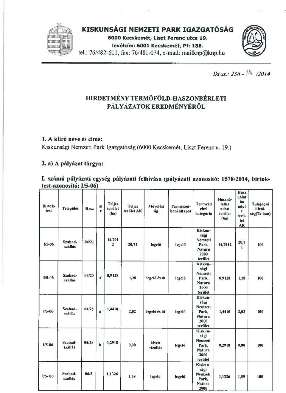 számú pályázati egység pályázati felhívása (pályázati azonosító: 1578/2014, birtoktest-azonosító: I/5-O6~ Ilasz nálat Haszná Teljes Termvéd latba adot ba Tulajdoni Birtok- at.