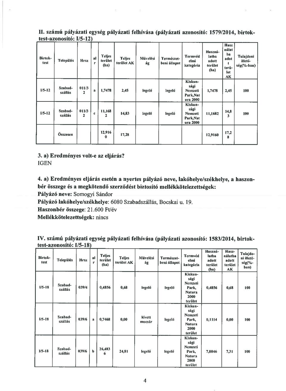 lakóhelye/székhelye: 6080 Szabad, Bocskai u. 19. Haszonbér összege: 21.600 Ft/év Mellékkötelezettségek: nincs IV.