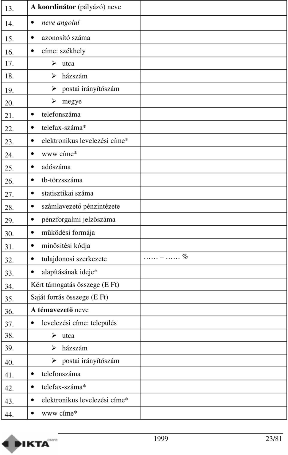 SpQ]IRUJDOPLMHO]V]iPD 30. P&N GpVLIRUPiMD 31. PLQVtWpVLNyGMD 32. tulajdonosi szerkezete % 33. alapításának ideje* 34. Kért támogatás összege 35. Saját forrás összege 36.