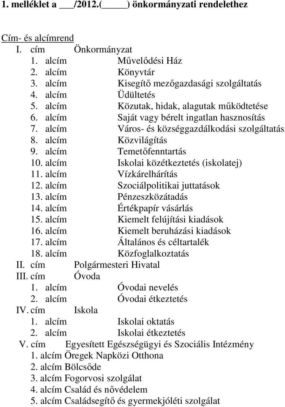 alcím Iskolai közétkeztetés (iskolatej) 11. alcím Vízkárelhárítás 12. alcím Szociálpolitikai juttatások 13. alcím Pénzeszközátadás 14. alcím Értékpapír vásárlás 15.