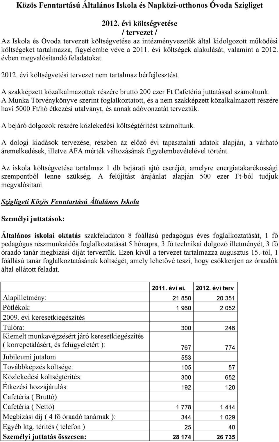 évi költségek alakulását, valamint a 2012. évben megvalósítandó feladatokat. 2012. évi költségvetési tervezet nem tartalmaz bérfejlesztést.