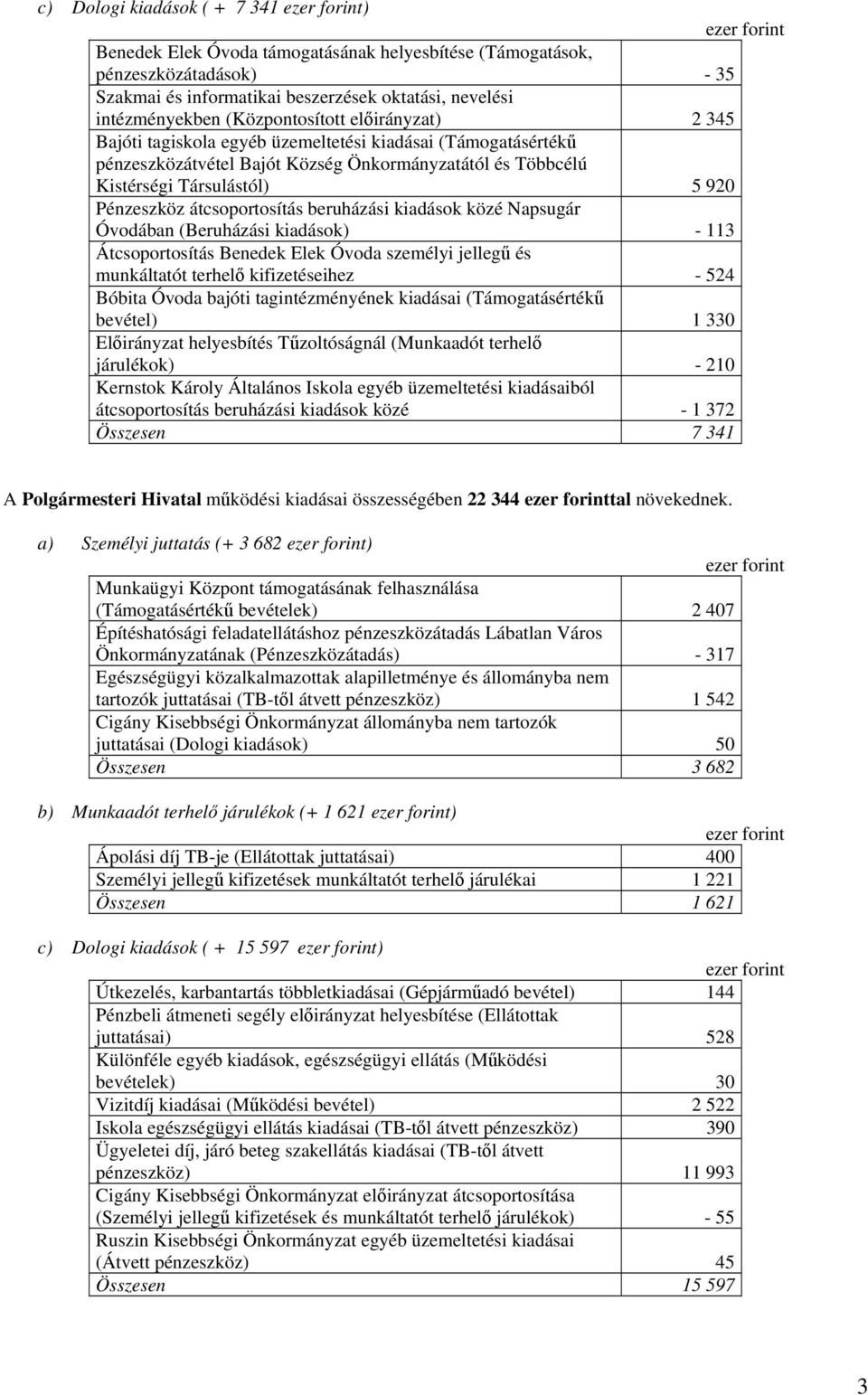 átcsoportosítás beruházási kiadások közé Napsugár Óvodában (Beruházási kiadások) - 113 Átcsoportosítás Benedek Elek Óvoda személyi jellegű és munkáltatót terhelő kifizetéseihez - 524 Bóbita Óvoda