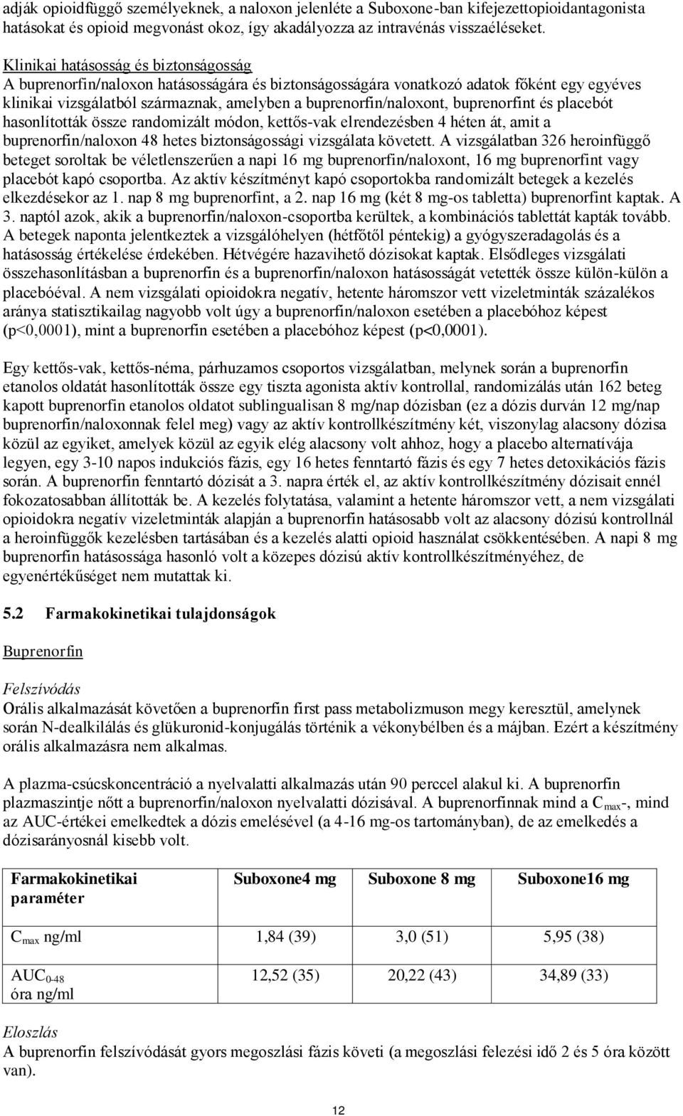 buprenorfint és placebót hasonlították össze randomizált módon, kettős-vak elrendezésben 4 héten át, amit a buprenorfin/naloxon 48 hetes biztonságossági vizsgálata követett.