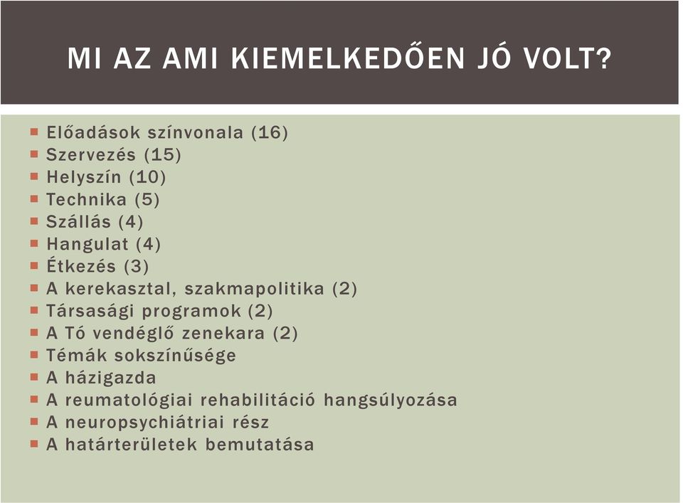 Hangulat (4) Étkezés (3) A kerekasztal, szakmapolitika (2) Társasági programok (2) A Tó