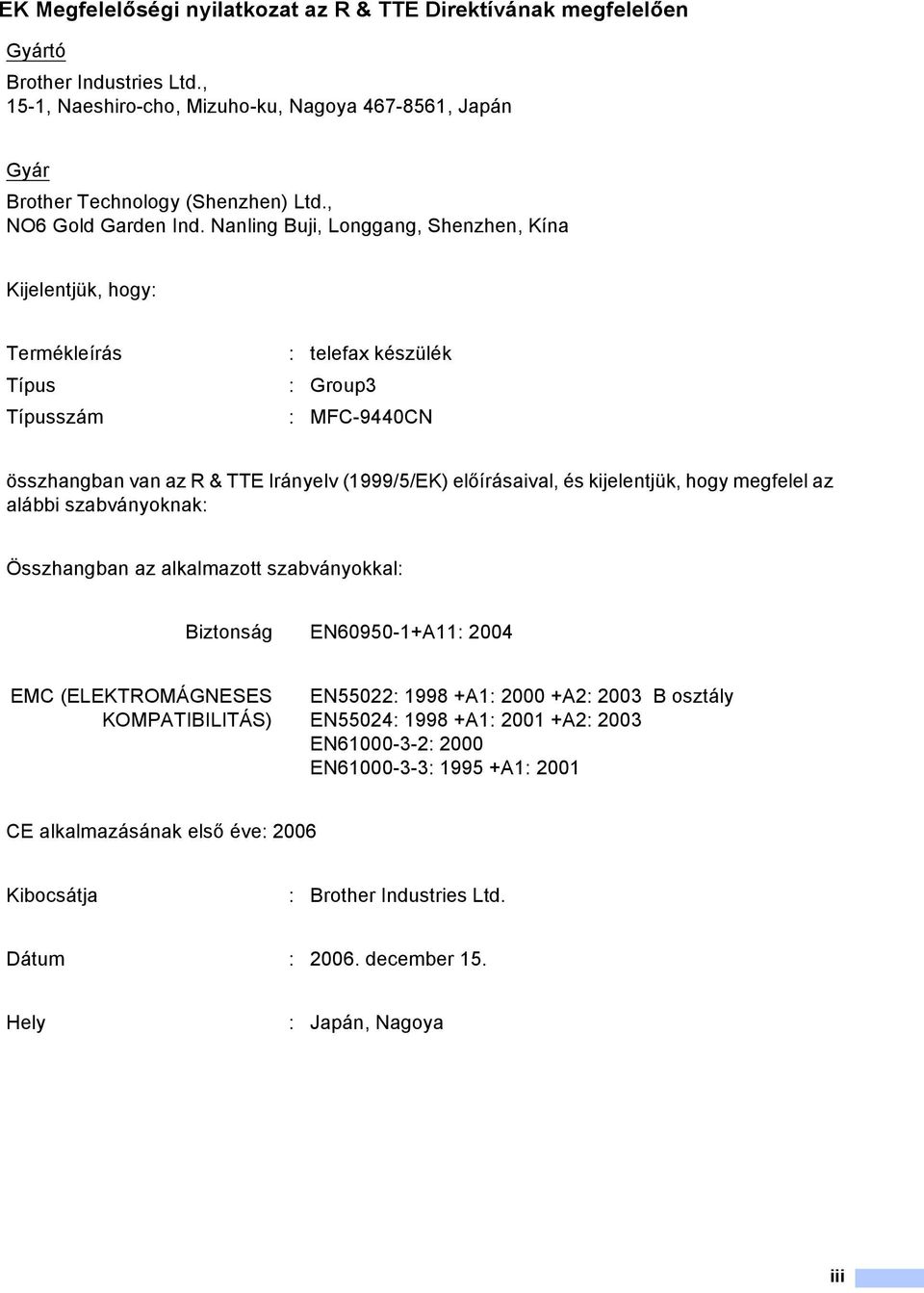 Nanling Buji, Longgang, Shenzhen, Kína Kijelentjük, hogy: Termékleírás : telefax készülék Típus : Group3 Típusszám : MFC-9440CN összhangban van az R & TTE Irányelv (1999/5/EK) előírásaival, és