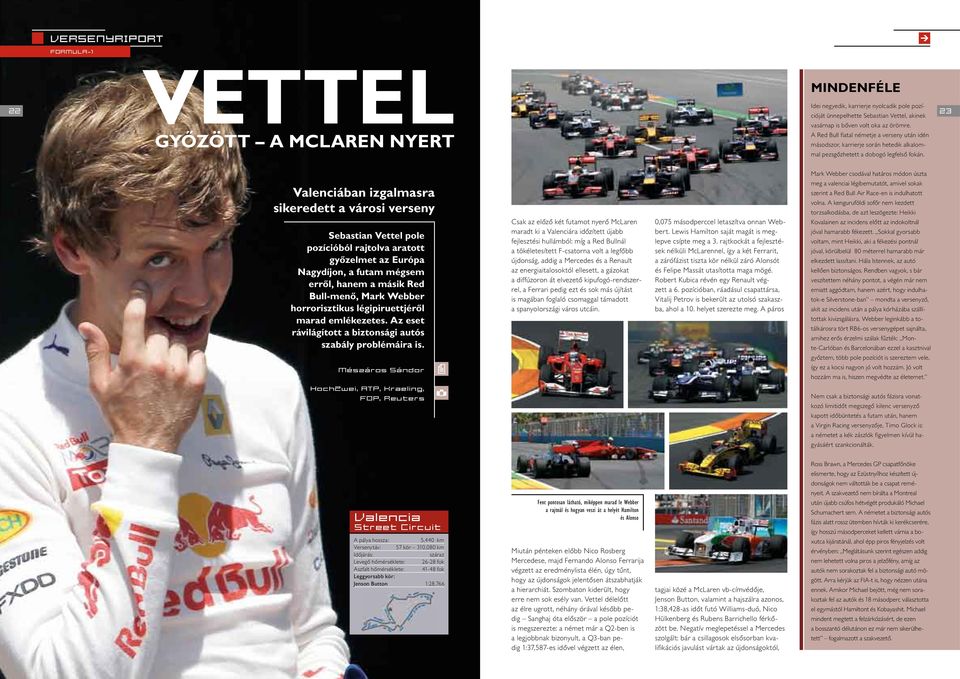 23 Valenciában izgalmasra sikeredett a városi verseny Sebastian Vettel pole pozícióból rajtolva aratott győzelmet az Európa Nagydíjon, a futam mégsem erről, hanem a másik Red Bull-menő, Mark Webber