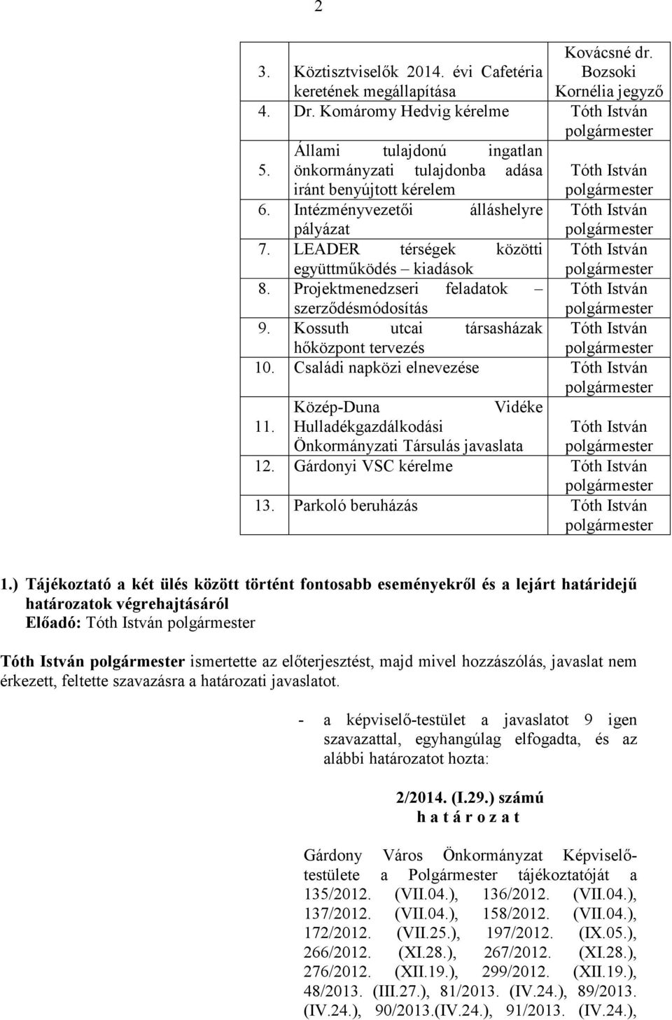 Projektmenedzseri feladatok Tóth István szerzıdésmódosítás 9. Kossuth utcai társasházak Tóth István hıközpont tervezés 10. Családi napközi elnevezése Tóth István Közép-Duna Vidéke 11.