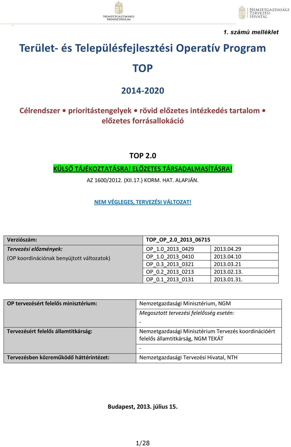 Verziószám: Tervezési előzmények: (OP koordinációnak benyújtott változatok) TOP_OP_2.0_2013_06715 OP_1.0_2013_0429 2013.04.29 OP_1.0_2013_0410 2013.04.10 OP_0.3_2013_0321 2013.03.21 OP_0.