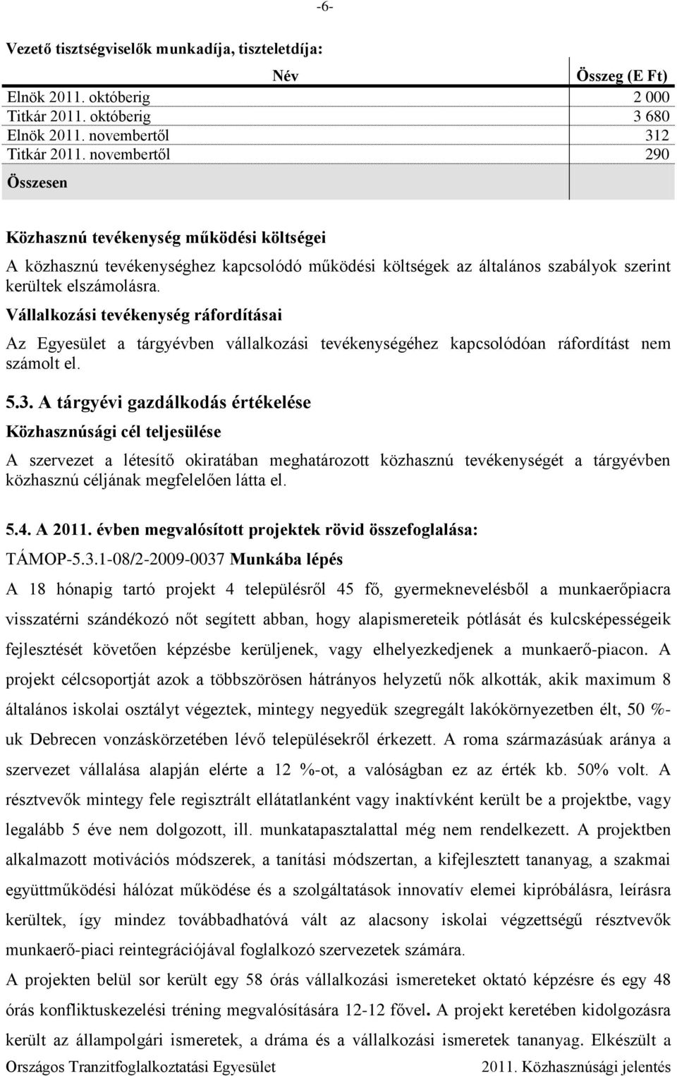 Vállalkozási tevékenység ráfordításai Az Egyesület a tárgyévben vállalkozási tevékenységéhez kapcsolódóan ráfordítást nem számolt el. 5.3.