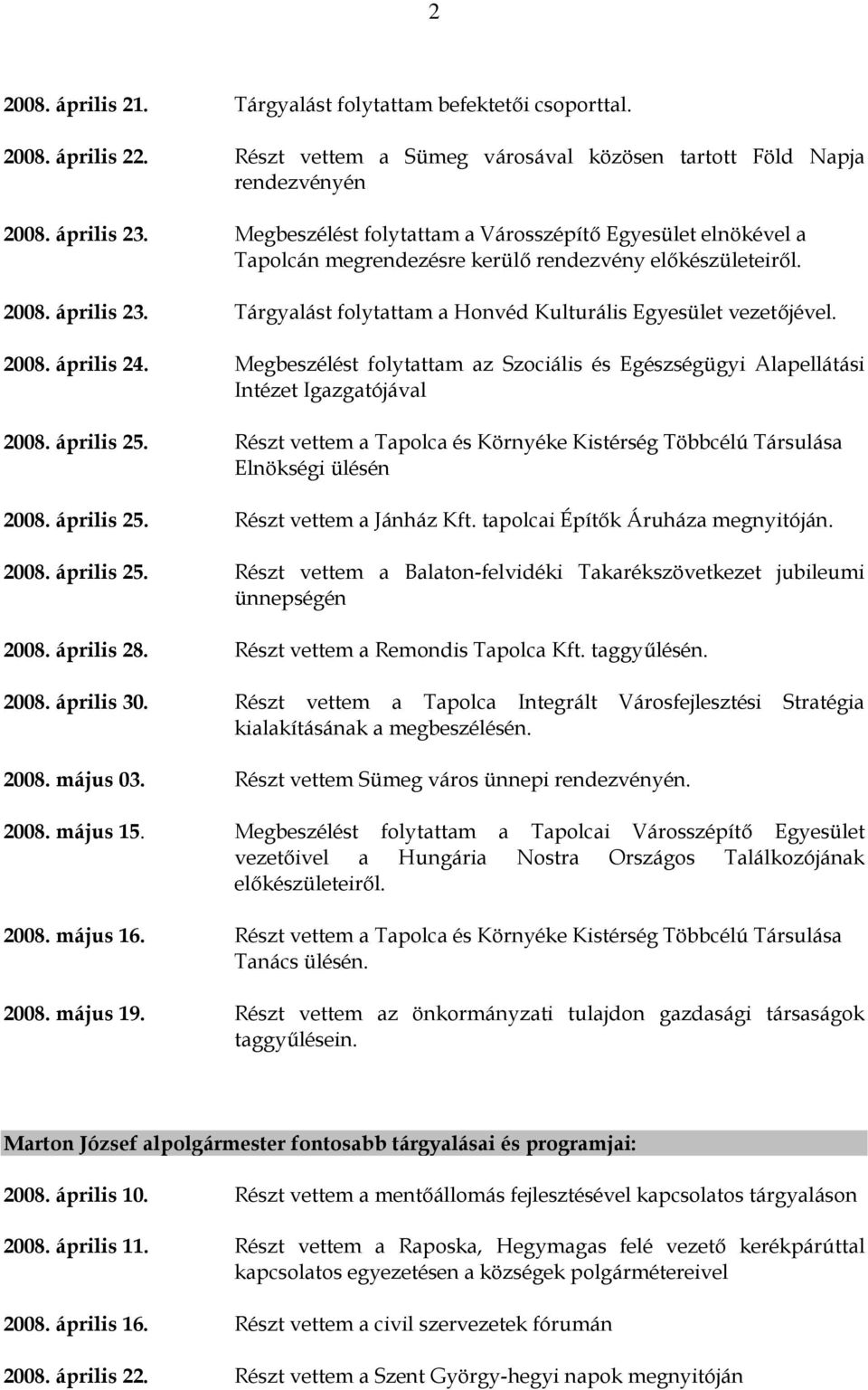 Tárgyalást folytattam a Honvéd Kulturális Egyesület vezetőjével. 2008. április 24. Megbeszélést folytattam az Szociális és Egészségügyi Alapellátási Intézet Igazgatójával 2008. április 25.