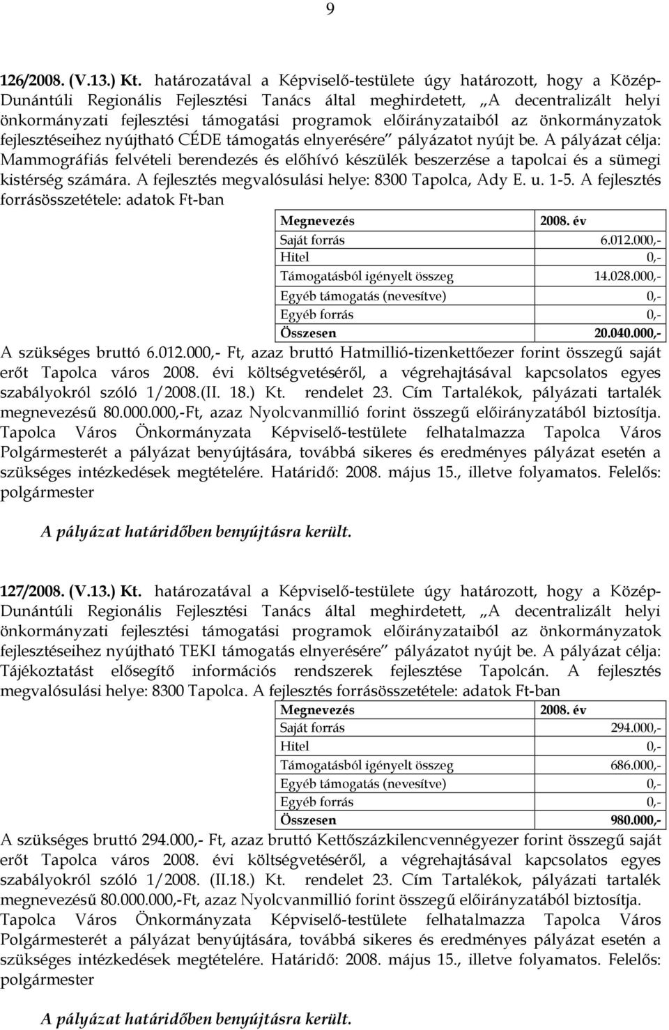 előirányzataiból az önkormányzatok fejlesztéseihez nyújtható CÉDE támogatás elnyerésére pályázatot nyújt be.