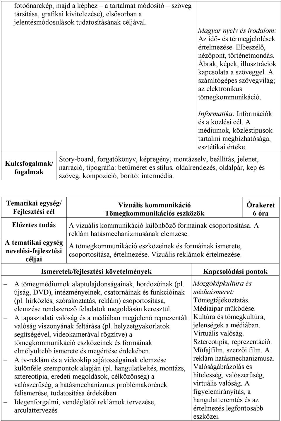 A számítógépes szövegvilág; az elektronikus tömegkommunikáció. Kulcsfogalmak/ fogalmak Informatika: Információk és a közlési cél. A médiumok, közléstípusok tartalmi megbízhatósága, esztétikai értéke.