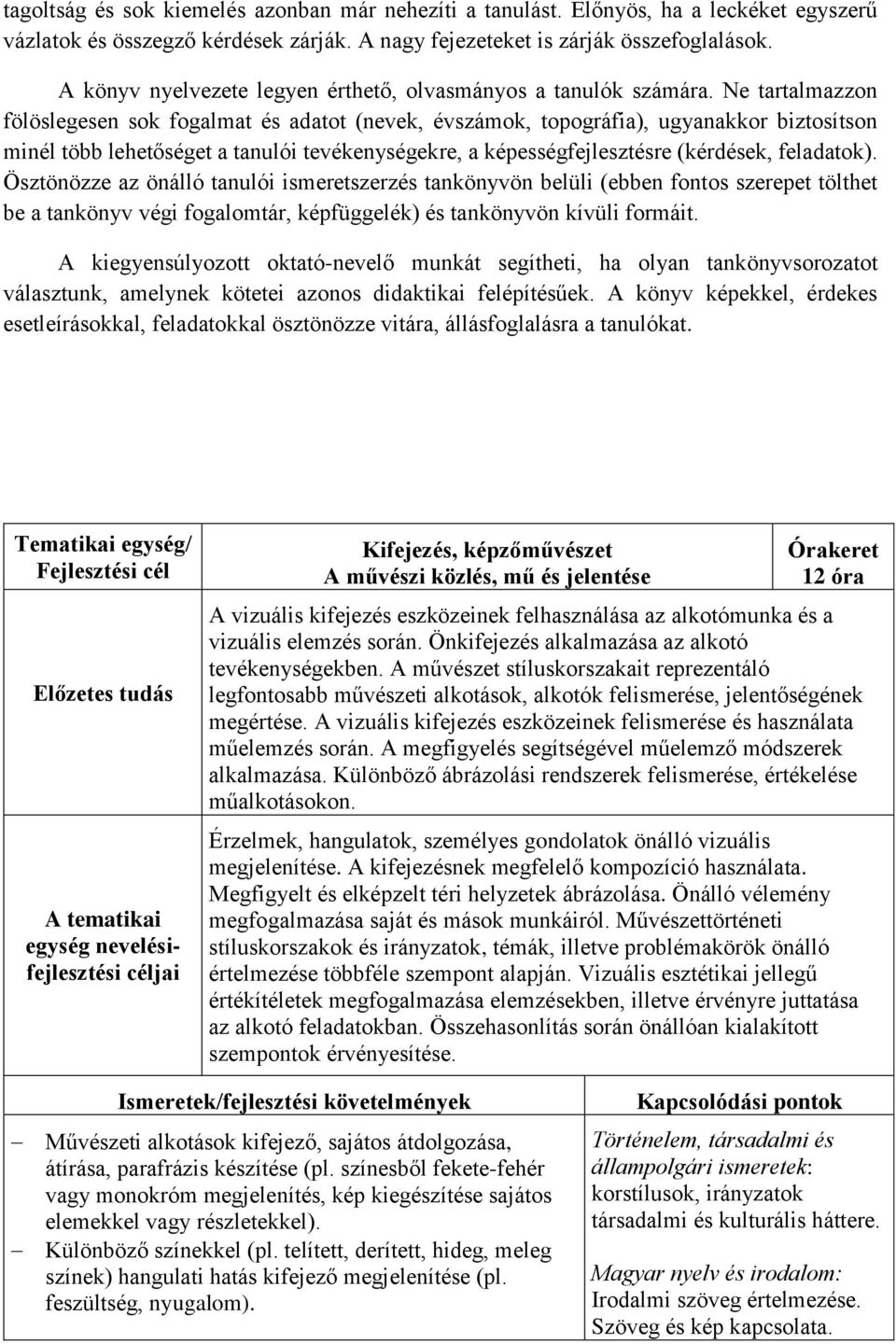 Ne tartalmazzon fölöslegesen sok fogalmat és adatot (nevek, évszámok, topográfia), ugyanakkor biztosítson minél több lehetőséget a tanulói tevékenységekre, a képességfejlesztésre (kérdések,