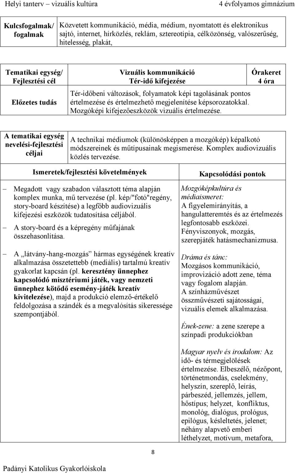 4 óra A technikai médiumok (különösképpen a mozgókép) képalkotó módszereinek és műtípusainak megismerése. Komplex audiovizuális közlés tervezése.