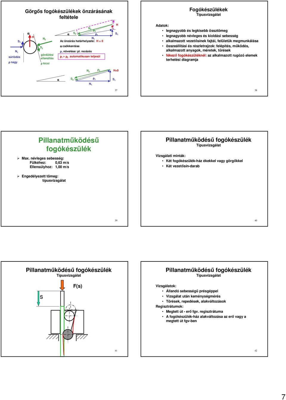 részletrajzok: felépítés, mködés, alkalmazott anyagok, méretek, trések fékez fogókészüléknél: az alkalmazott rugózó elemek terhelési diagramja N ρ H=0 α S ρ S N 37 38 Pillanatmködés fogókészülék Max.