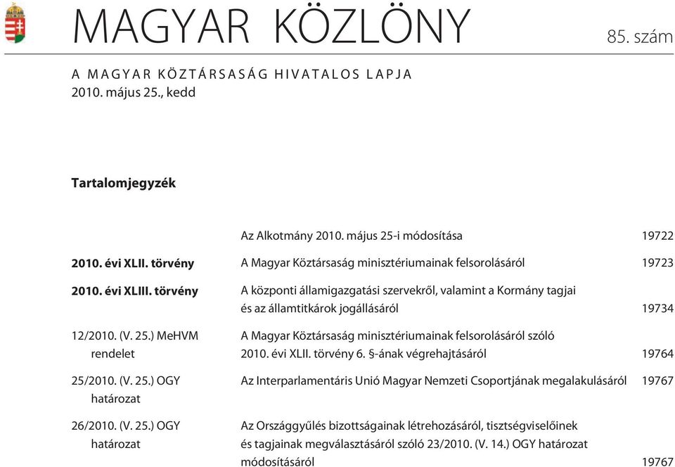 törvény A központi államigazgatási szervekrõl, valamint a Kormány tagjai és az államtitkárok jogállásáról 19734 12/2010. (V. 25.