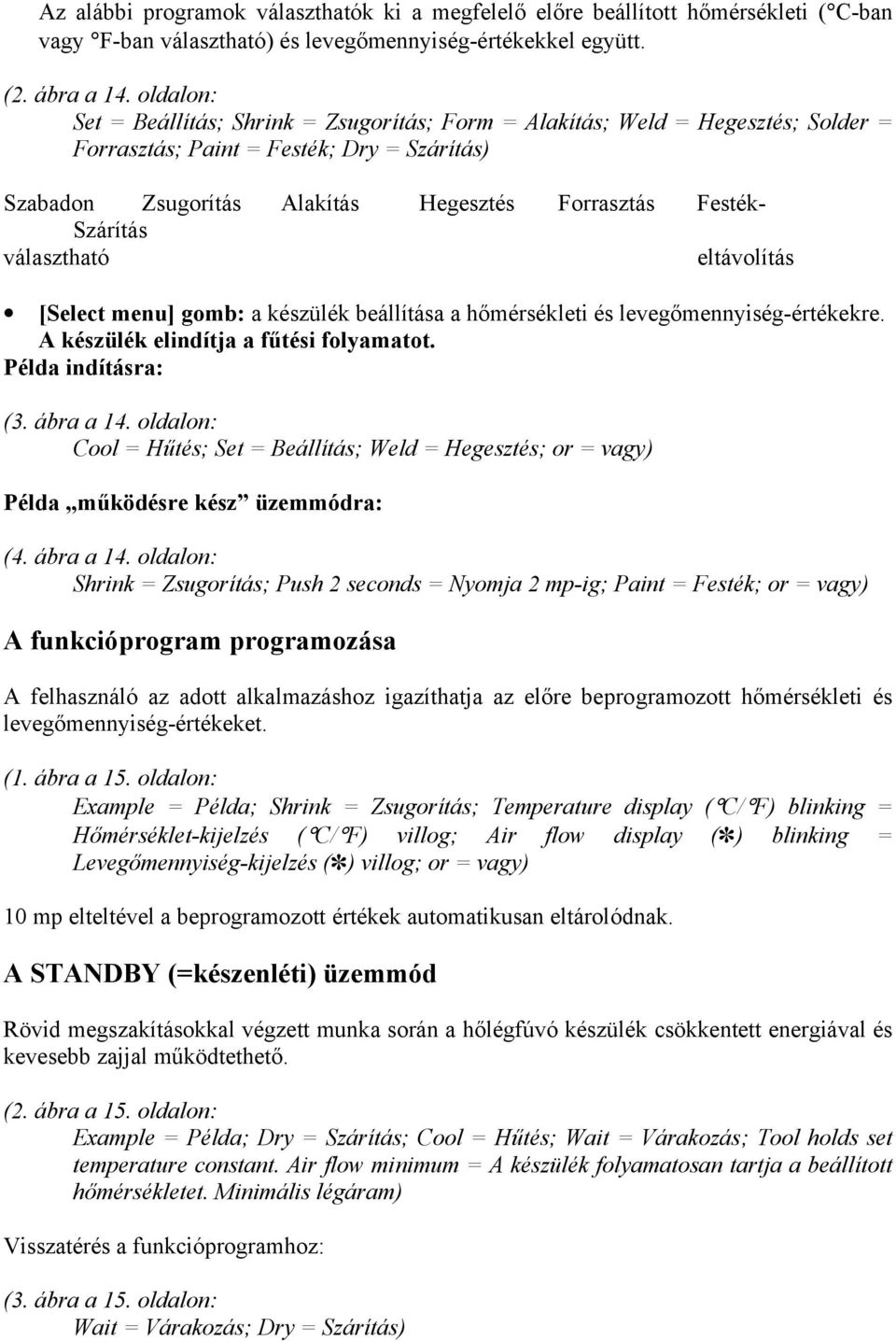 Szárítás választható eltávolítás [Select menu] gomb: a készülék beállítása a hőmérsékleti és levegőmennyiség-értékekre. A készülék elindítja a fűtési folyamatot. Példa indításra: (3. ábra a 14.