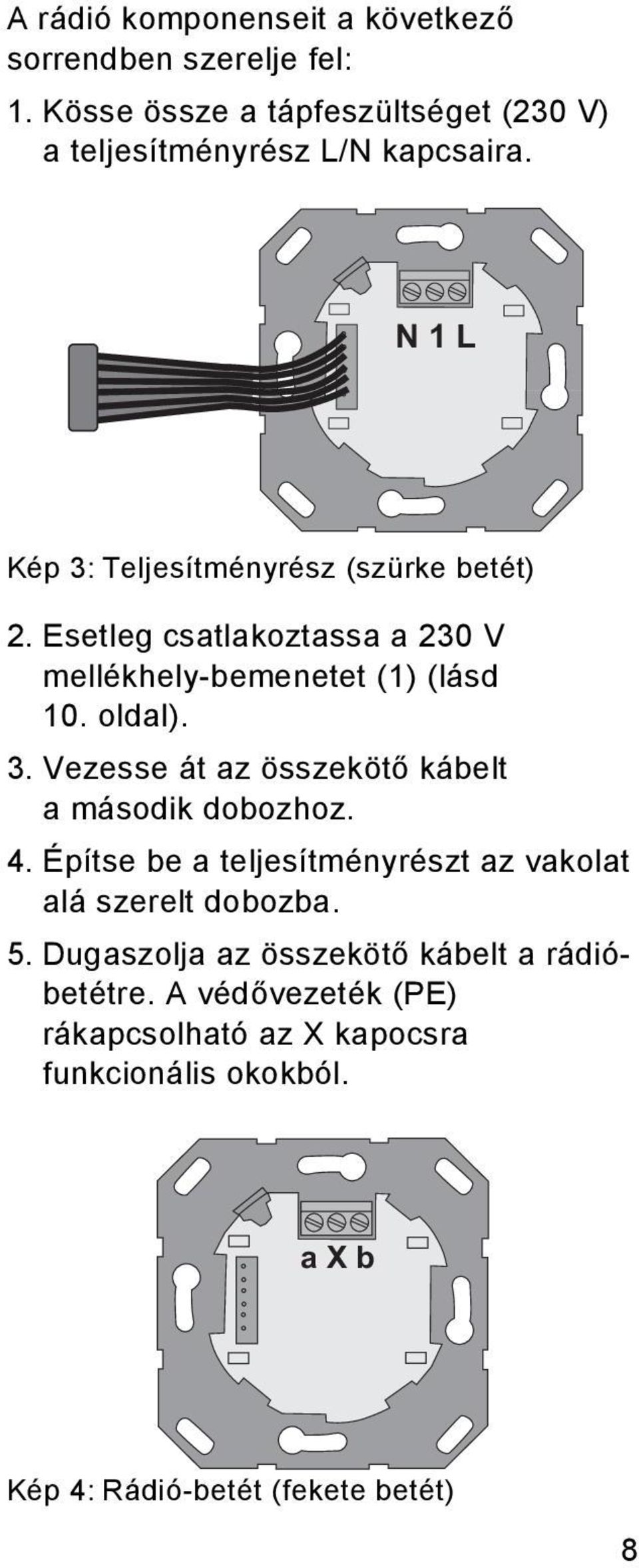 4. Építse be a teljesítményrészt az vakolat alá szerelt dobozba. 5. Dugaszolja az összekötő kábelt a rádóbetétre.