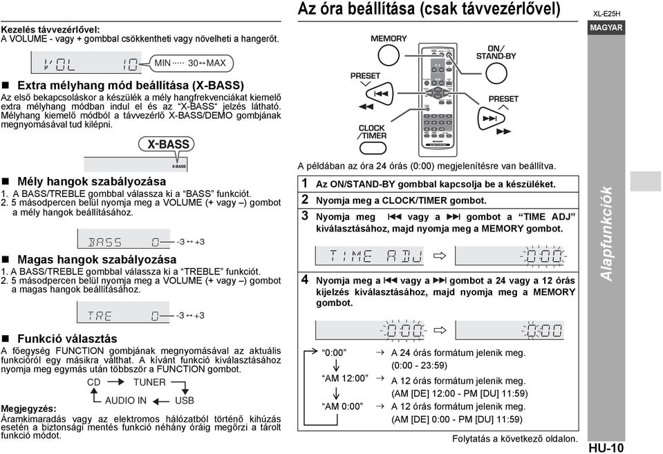 Mélyhang kiemelő módból a távvezérlő X-BASS/DEMO gombjának megnyomásával tud kilépni. Az óra beállítása (csak távvezérlővel) Mély hangok szabályozása 1.