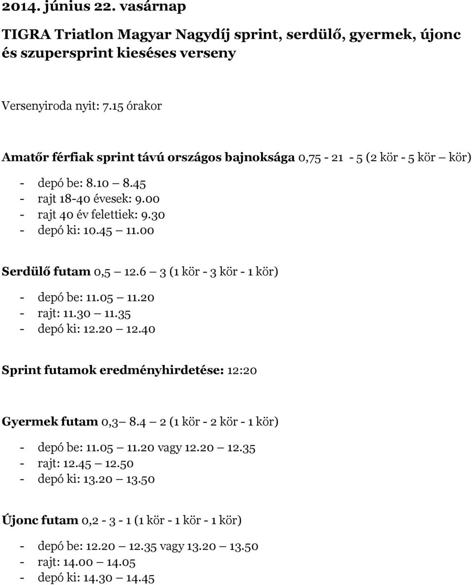 00 Serdülő futam 0,5 12.6 3 (1 kör - 3 kör - 1 kör) - depó be: 11.05 11.20 - rajt: 11.30 11.35 - depó ki: 12.20 12.40 Sprint futamok eredményhirdetése: 12:20 Gyermek futam 0,3 8.