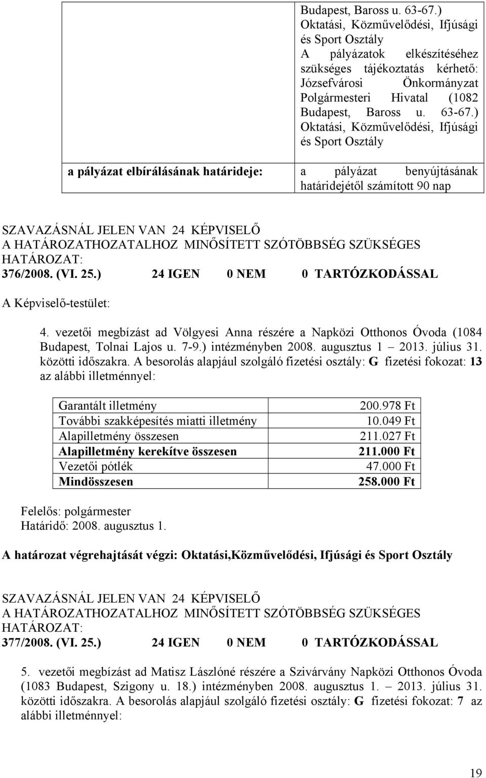 Ifjúsági és Sport Osztály a pályázat elbírálásának határideje: a pályázat benyújtásának határidejétől számított 90 nap SZAVAZÁSNÁL JELEN VAN 24 KÉPVISELŐ 376/2008. (VI. 25.