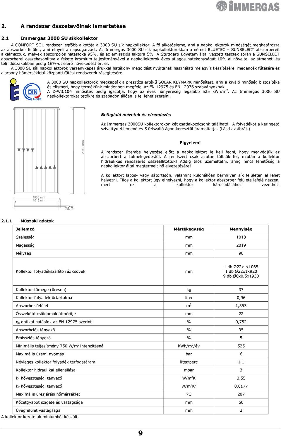 Az Immergas 3000 SU sík napkollektorokban a német BLUETEC SUNSELECT abszorbereit alkalmazzuk, melyek abszorpciós hatásfoka 95%, és az emissziós faktora 5%.