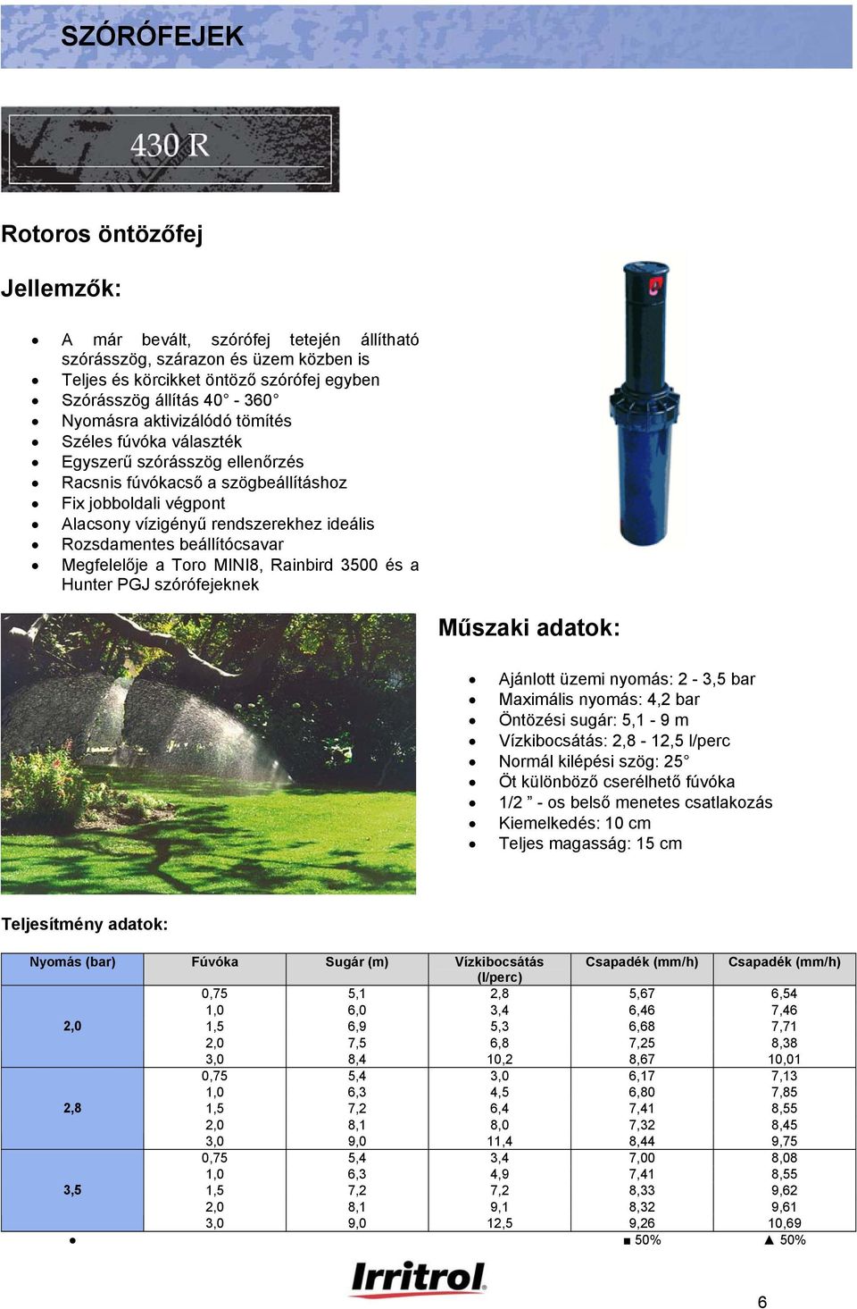 Megfelelője a Toro MINI8, Rainbird 3500 és a Hunter PGJ szórófejeknek Műszaki adatok: Ajánlott üzemi nyomás: 2-3,5 bar Maximális nyomás: 4,2 bar Öntözési sugár: 5,1-9 m : 2,8-12,5 l/perc Normál