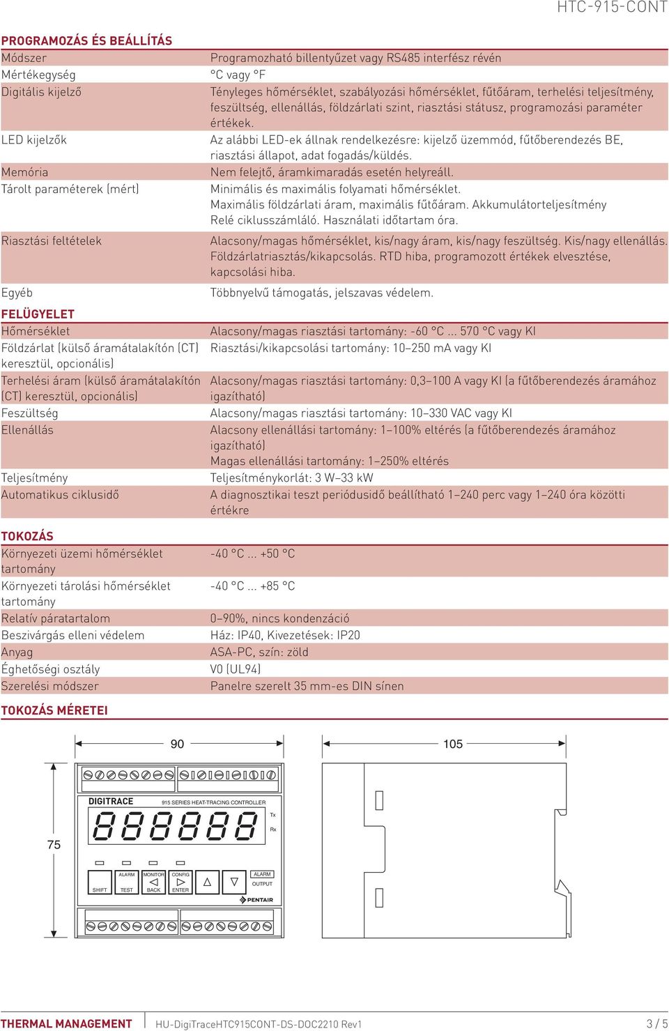 LED kijelzők Az alábbi LED-ek állnak rendelkezésre: kijelző üzemmód, fűtőberendezés BE, riasztási állapot, adat fogadás/küldés. Memória Nem felejtő, áramkimaradás esetén helyreáll.