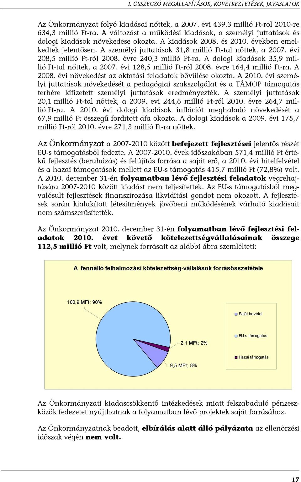 A személyi juttatások 31,8 millió Ft-tal nőttek, a 2007. évi 208,5 millió Ft-ról 2008. évre 240,3 millió Ft-ra. A dologi kiadások 35,9 millió Ft-tal nőttek, a 2007. évi 128,5 millió Ft-ról 2008.