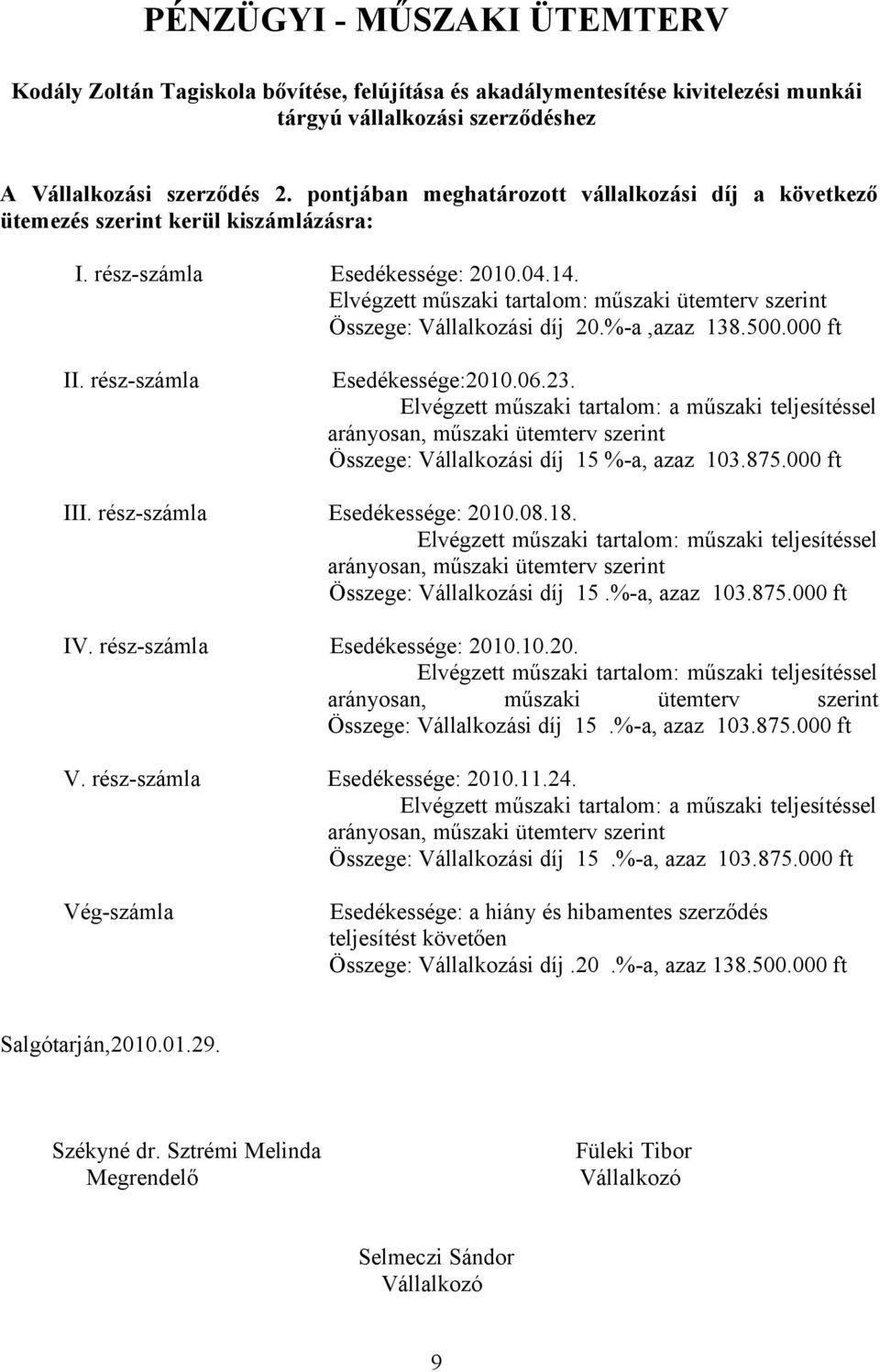 Elvégzett műszaki tartalom: műszaki ütemterv szerint Összege: Vállalkozási díj 20.%-a,azaz 138.500.000 ft II. rész-számla Esedékessége:2010.06.23.