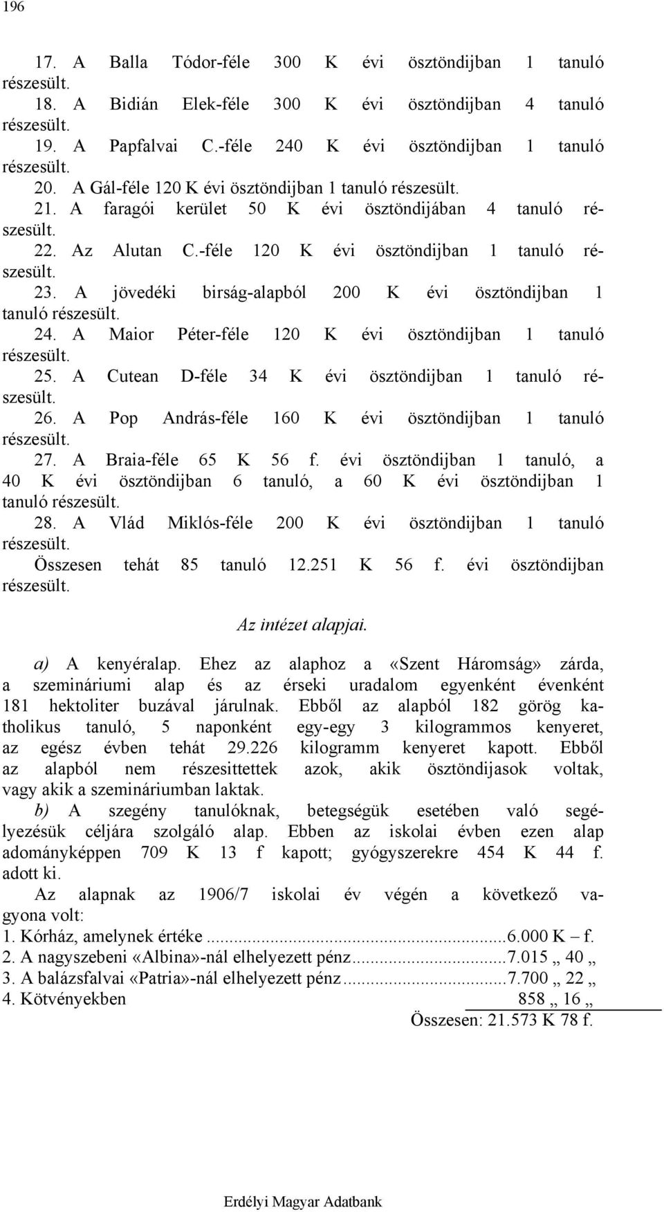 -féle 120 K évi ösztöndijban 1 tanuló részesült. 23. A jövedéki birság-alapból 200 K évi ösztöndijban 1 tanuló részesült. 24. A Maior Péter-féle 120 K évi ösztöndijban 1 tanuló részesült. 25.
