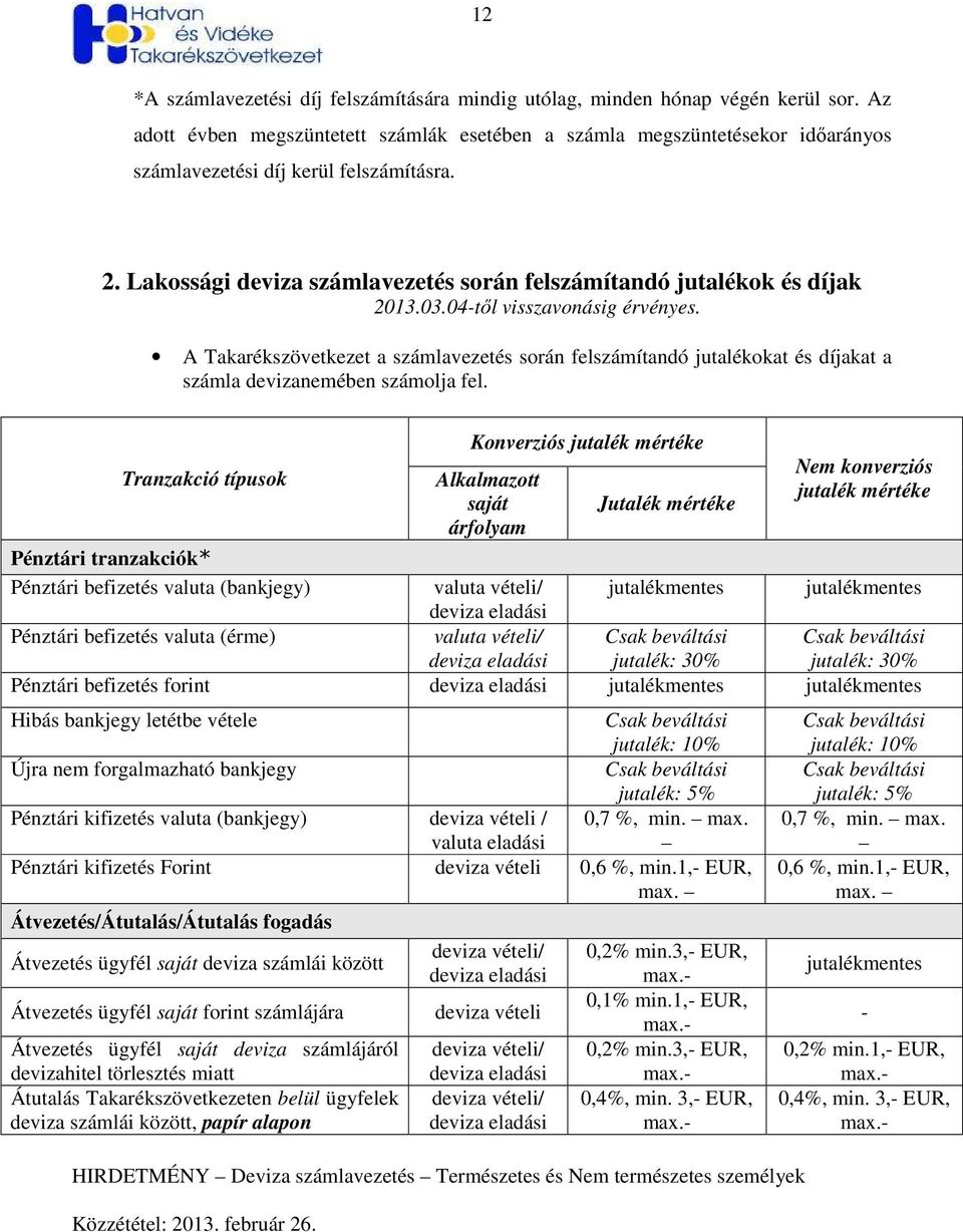 Lakossági deviza számlavezetés során felszámítandó jutalékok és díjak 2013.03.04tıl visszavonásig érvényes.