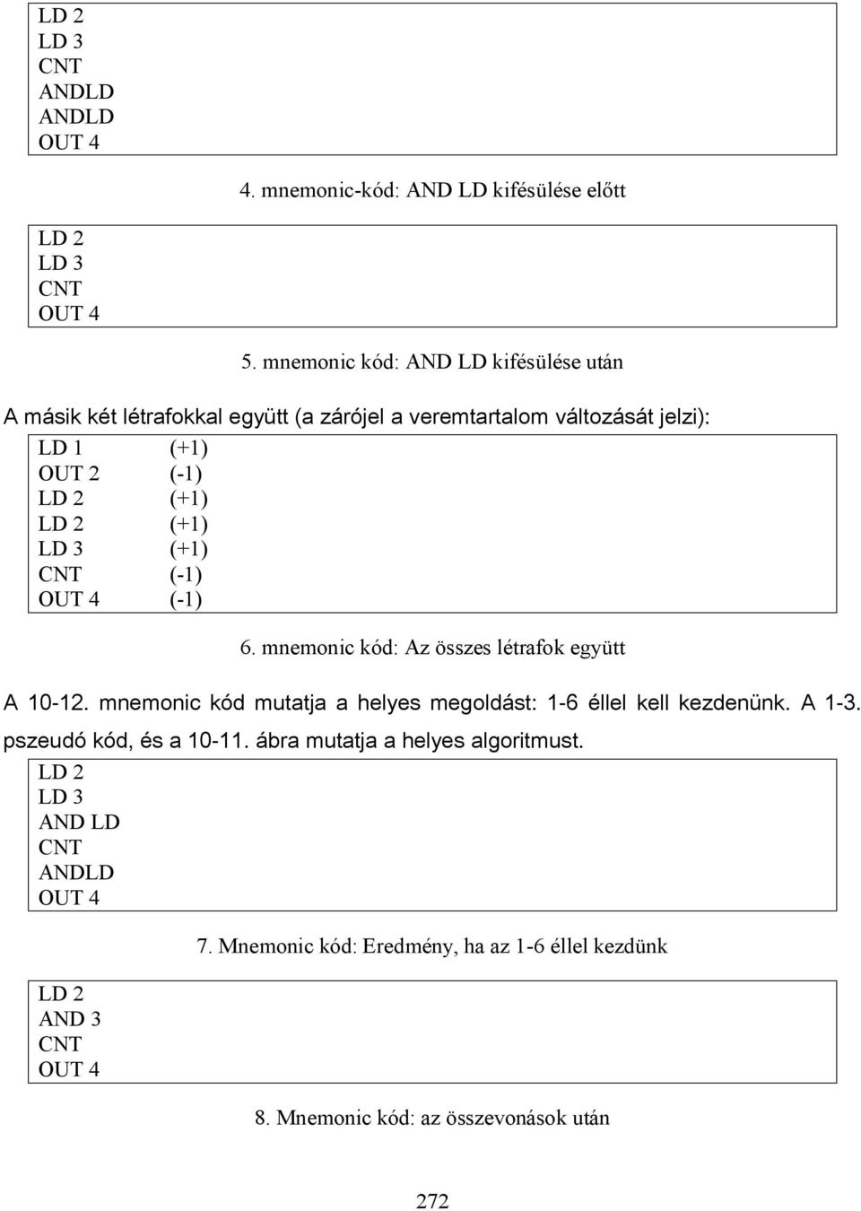 (+1) LD 3 (+1) CNT (-1) OUT 4 (-1) 6. mnemonic kód: Az összes létrafok együtt A 10-12. mnemonic kód mutatja a helyes megoldást: 1-6 éllel kell kezdenünk.