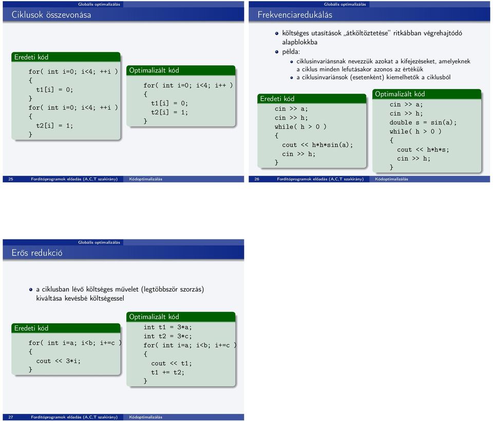 < h*h*sin(a); cin > > a; double s = sin(a); while( h > 0 ) cout < < h*h*s; 25 Fordítóprogramok előadás (A,C,T szakirány) Kódoptimalizálás 26 Fordítóprogramok előadás (A,C,T szakirány)