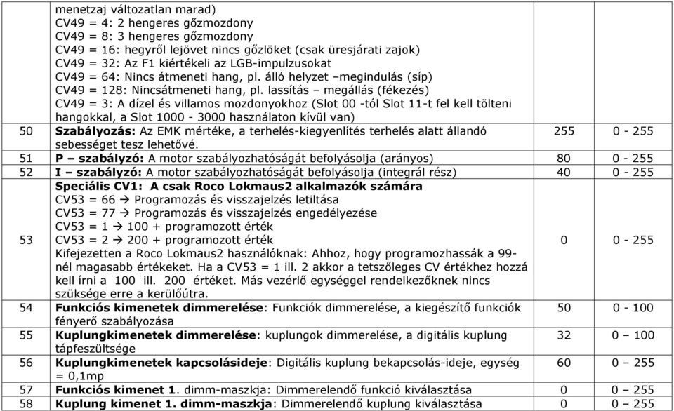 lassítás megállás (fékezés) CV49 = 3: A dízel és villamos mozdonyokhoz (Slot 00 -tól Slot 11-t fel kell tölteni hangokkal, a Slot 1000-3000 használaton kívül van) 50 Szabályozás: Az EMK mértéke, a