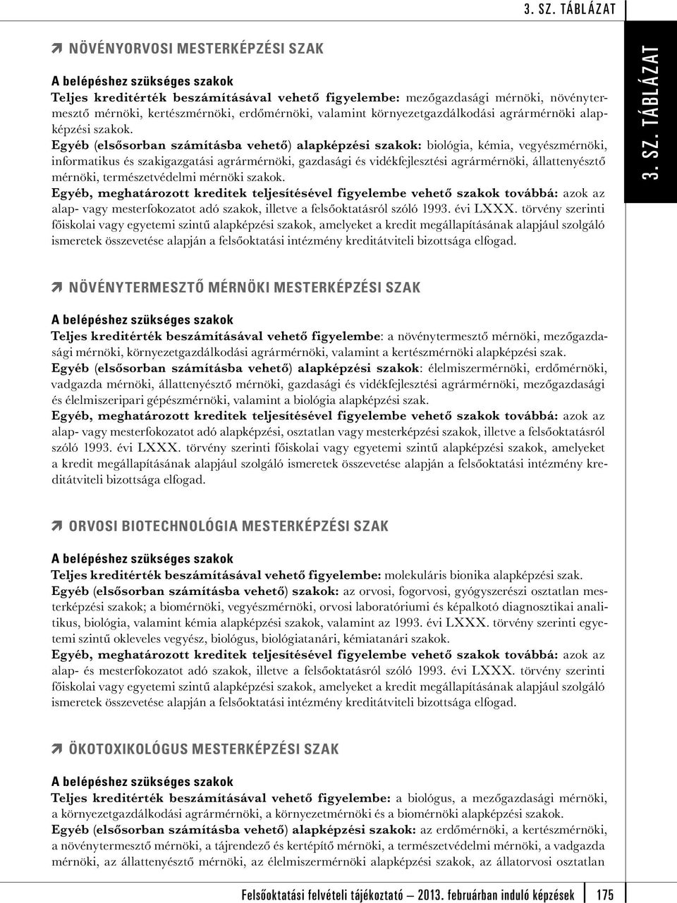 Egyéb (elsősorban számításba vehető) alapképzési szakok: biológia, kémia, vegyészmérnöki, informatikus és szakigazgatási agrármérnöki, gazdasági és vidékfejlesztési agrármérnöki, állattenyésztő