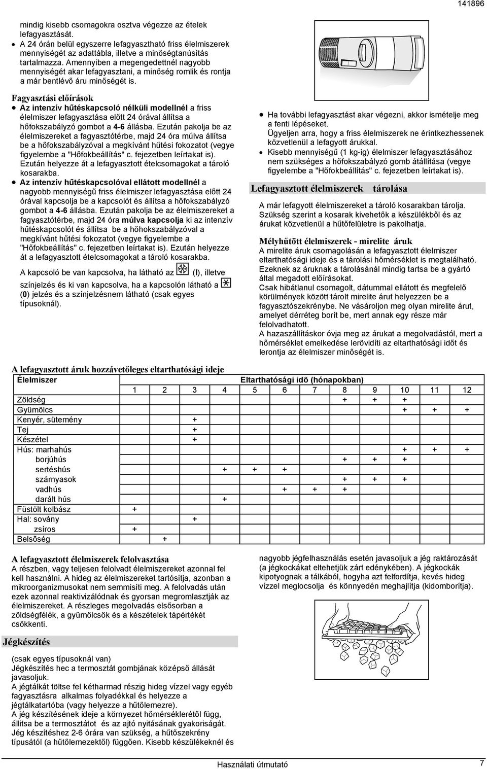 Fagyasztási előírások Az intenzív hűtéskapcsoló nélküli modellnél a friss élelmiszer lefagyasztása előtt 24 órával állítsa a hőfokszabályzó gombot a 4-6 állásba.