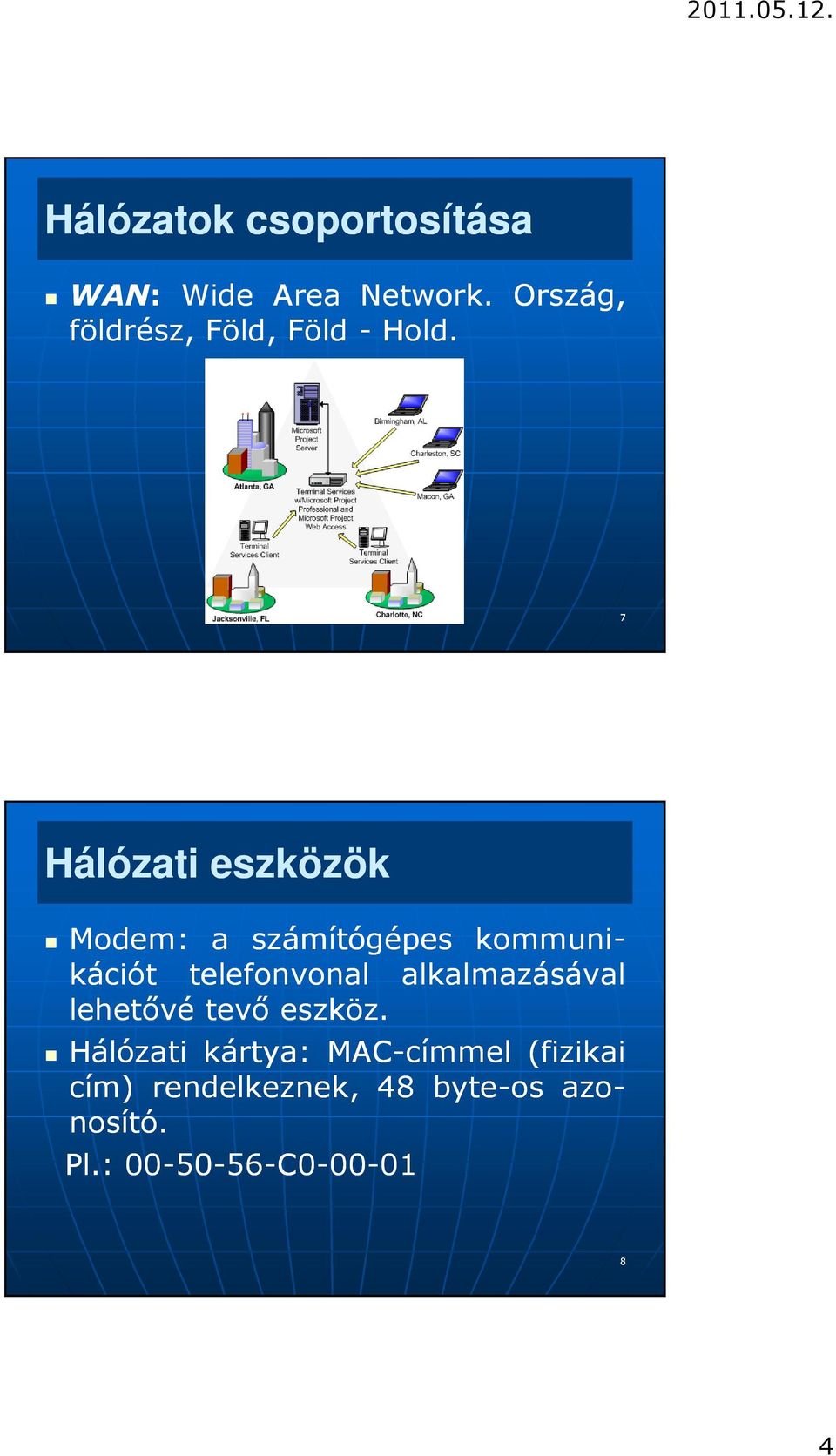 7 Hálózati eszközök Modem: a számítógépes kommuni- kációt telefonvonal